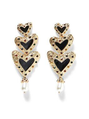 Gold Black Heart Long Retro Style Dangle Earrings